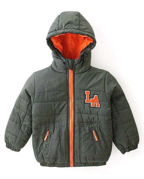 Babyhug Full Sleeves Padded & Hooded Jacket With Text Embroidery- Olive