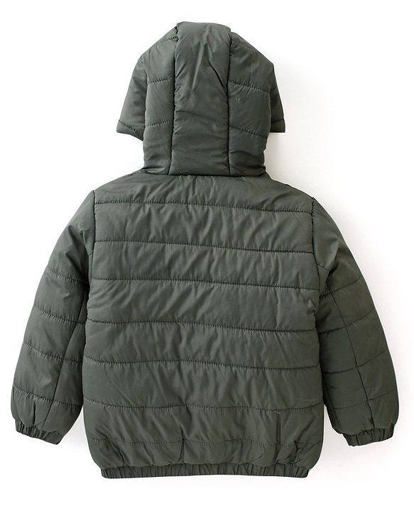 Babyhug Full Sleeves Padded & Hooded Jacket With Text Embroidery- Olive