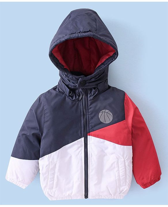 Babyhug Woven Full Sleeves Jacket With Detachable Hood - White Red & Blue
