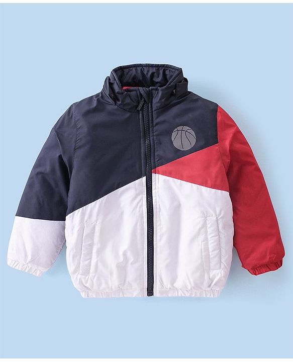 Babyhug Woven Full Sleeves Jacket With Detachable Hood - White Red & Blue