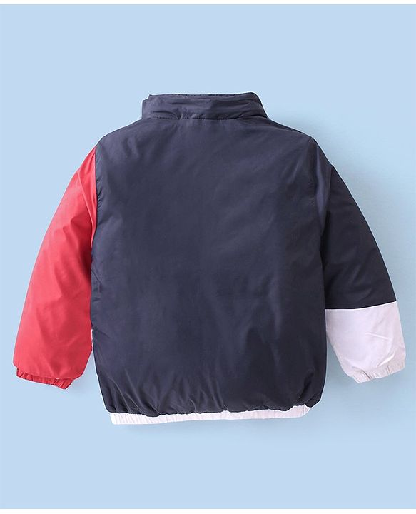 Babyhug Woven Full Sleeves Jacket With Detachable Hood - White Red & Blue