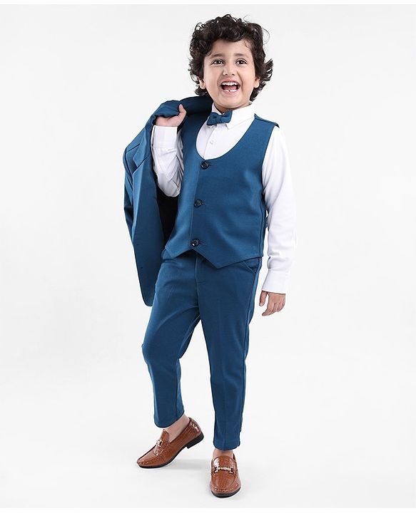 Babyhug Full Sleeves 4 Pieces Party Suit With Bow - Dark Blue