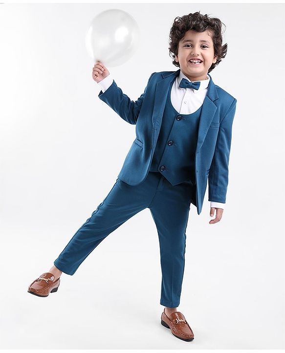 Babyhug Full Sleeves 4 Pieces Party Suit With Bow - Dark Blue