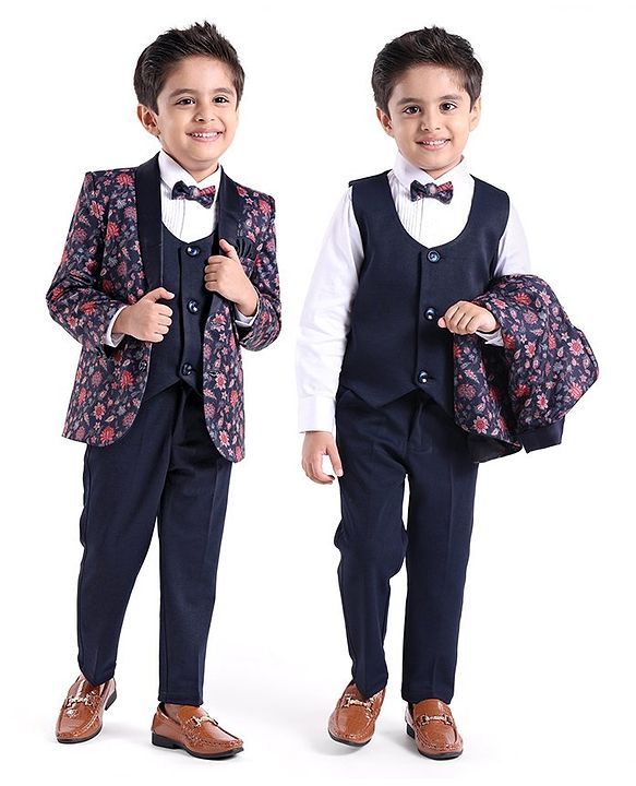 Babyhug Cotton Full Sleeves Party Wear Stretch Fit Suit With Blazer Floral Printed - Blue