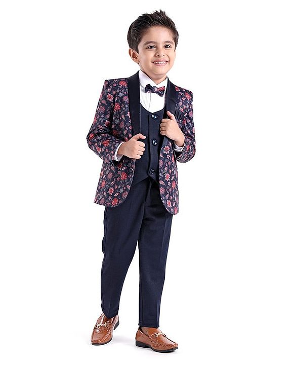Babyhug Cotton Full Sleeves Party Wear Stretch Fit Suit With Blazer Floral Printed - Blue