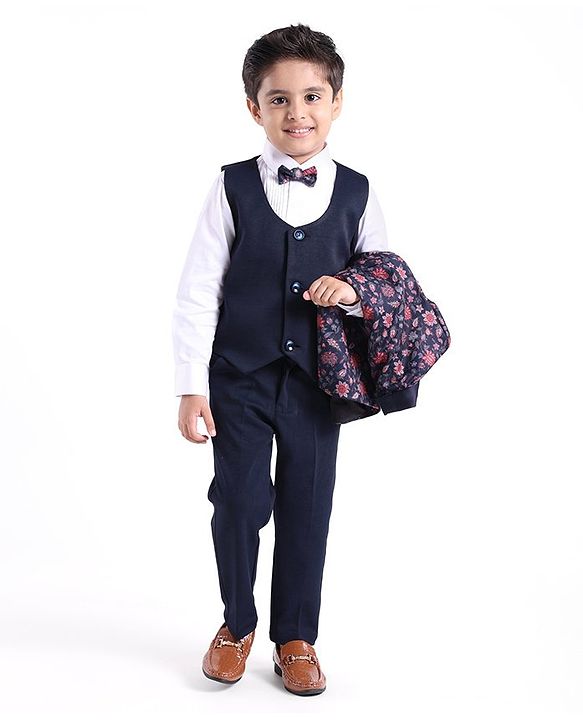Babyhug Cotton Full Sleeves Party Wear Stretch Fit Suit With Blazer Floral Printed - Blue