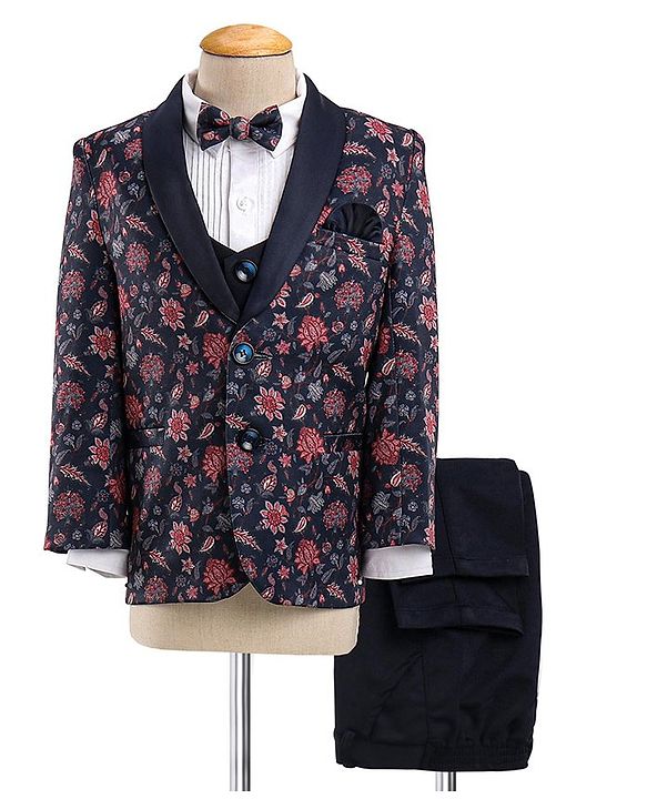 Babyhug Cotton Full Sleeves Party Wear Stretch Fit Suit With Blazer Floral Printed - Blue