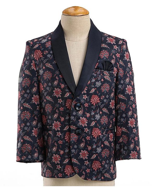 Babyhug Cotton Full Sleeves Party Wear Stretch Fit Suit With Blazer Floral Printed - Blue
