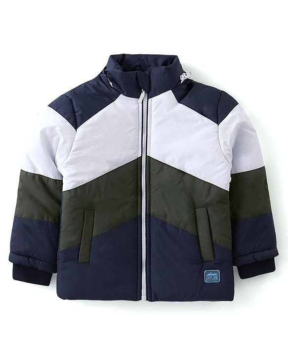 Babyhug Full Sleeves Jacket With Detachable Hood & Colour Block Pattern - Blue White & Green