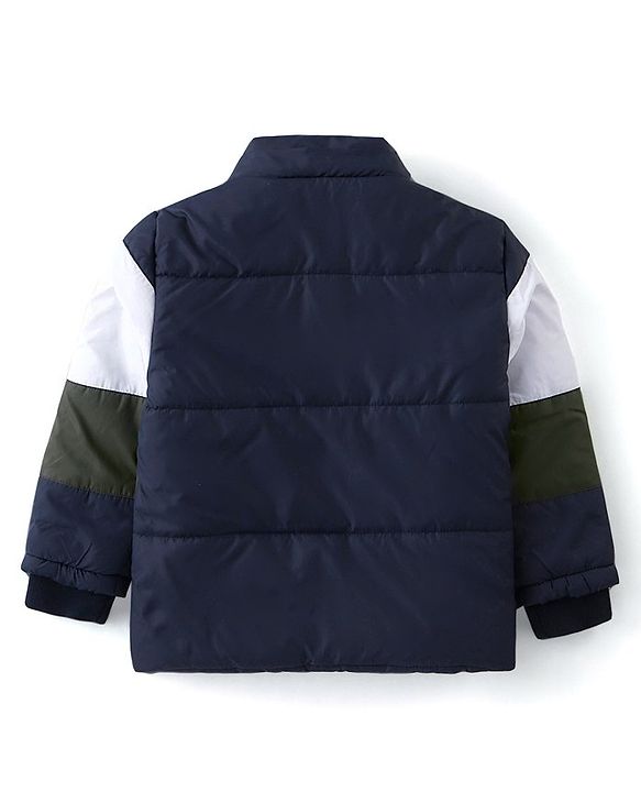 Babyhug Full Sleeves Jacket With Detachable Hood & Colour Block Pattern - Blue White & Green