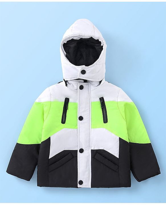 Babyhug Full Sleeves Jacket with Detachable Hood & Colour Block Pattern - Blue White & Green