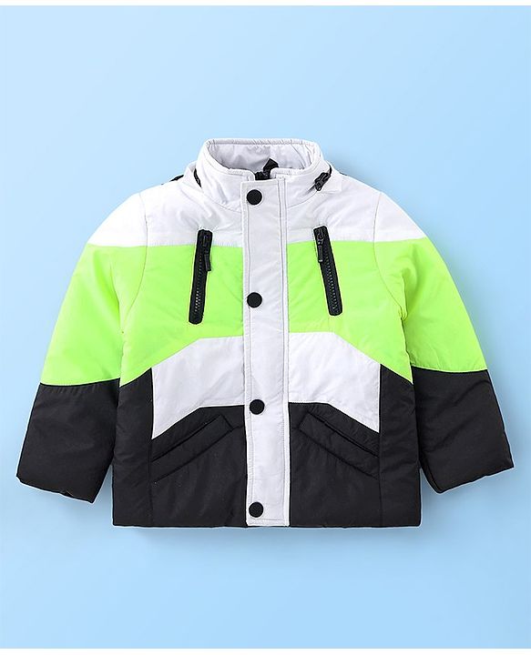 Babyhug Full Sleeves Jacket with Detachable Hood & Colour Block Pattern - Blue White & Green