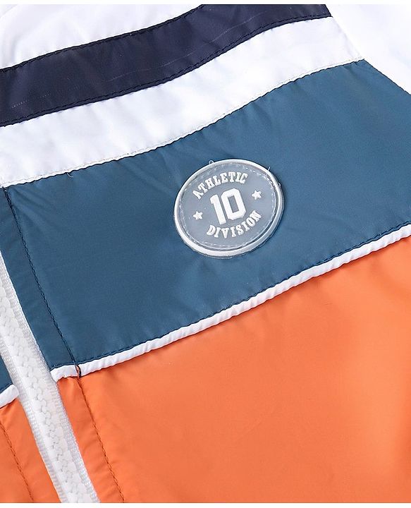 Babyhug Full Sleeves Hoodie With Colour Block Pattern - Blue White & Orange