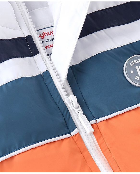 Babyhug Full Sleeves Hoodie With Colour Block Pattern - Blue White & Orange
