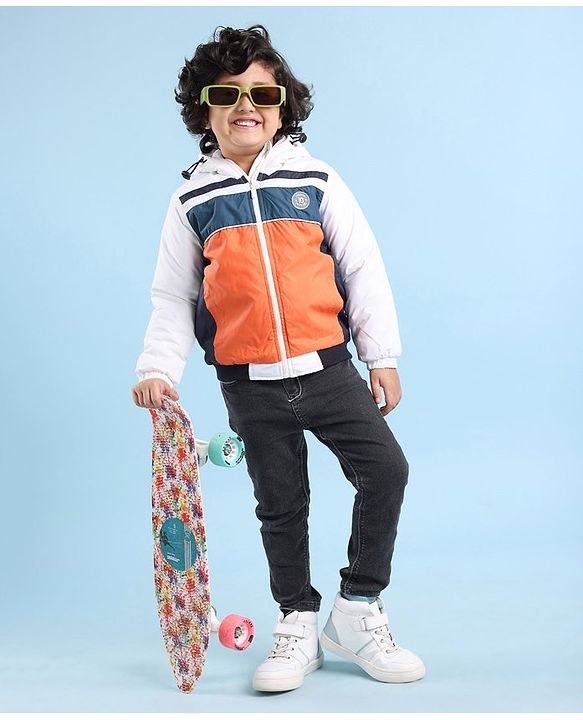 Babyhug Full Sleeves Hoodie With Colour Block Pattern - Blue White & Orange