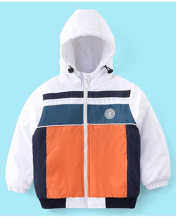 Babyhug Full Sleeves Hoodie With Colour Block Pattern - Blue White & Orange