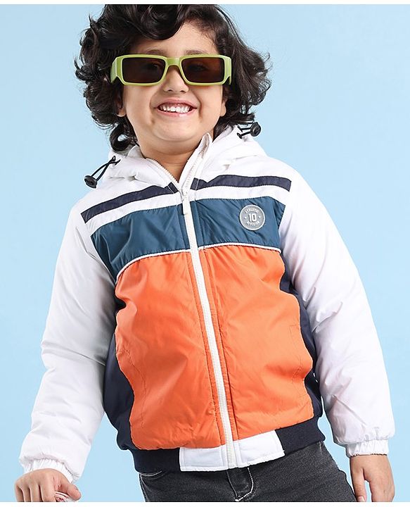 Babyhug Full Sleeves Hoodie With Colour Block Pattern - Blue White & Orange