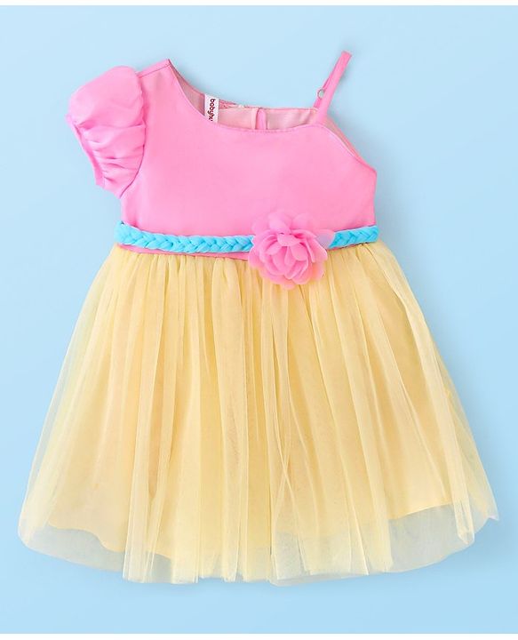 Babyhug Woven One Shouldered Sleeve Mesh Party Frock with Floral Applique - Pink