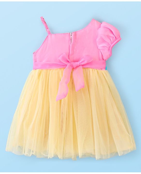 Babyhug Woven One Shouldered Sleeve Mesh Party Frock with Floral Applique - Pink