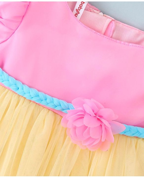 Babyhug Woven One Shouldered Sleeve Mesh Party Frock with Floral Applique - Pink