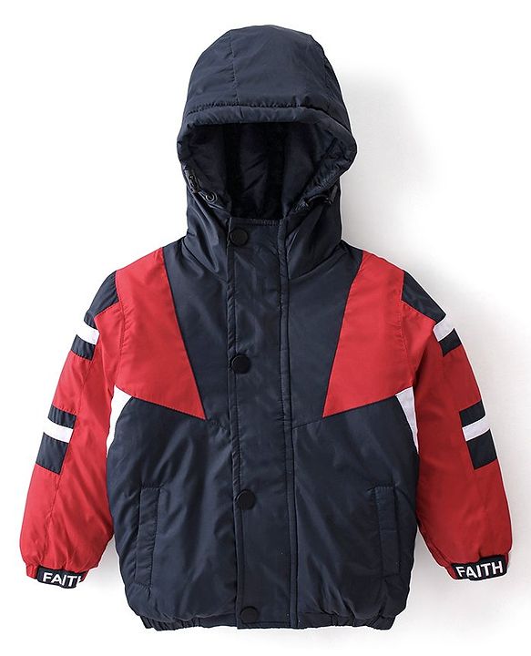 Babyhug Woven Full Sleeves Jacket With Hood - Red & Navy Blue