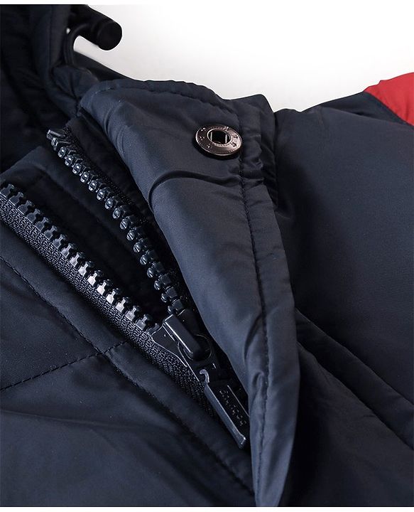 Babyhug Woven Full Sleeves Jacket With Hood - Red & Navy Blue