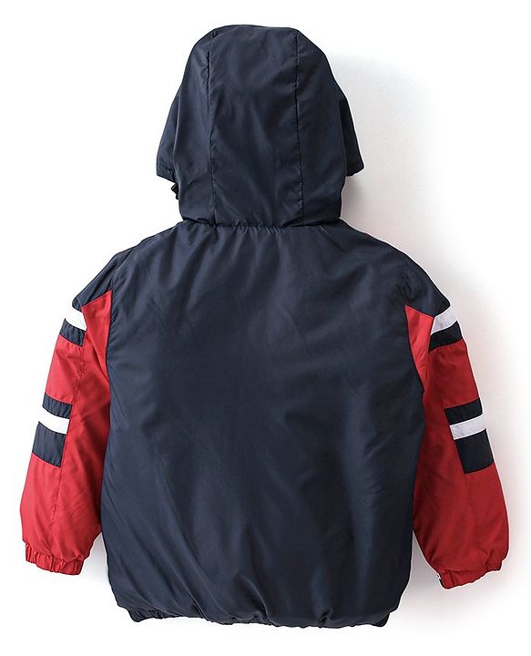 Babyhug Woven Full Sleeves Jacket With Hood - Red & Navy Blue