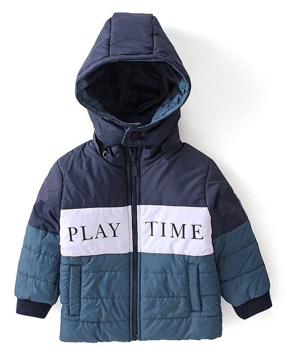 Babyhug Woven Full Sleeves Jacket With Detachable Hood & Text Print - Blue & White