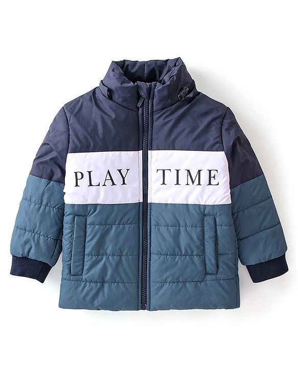 Babyhug Woven Full Sleeves Jacket With Detachable Hood & Text Print - Blue & White