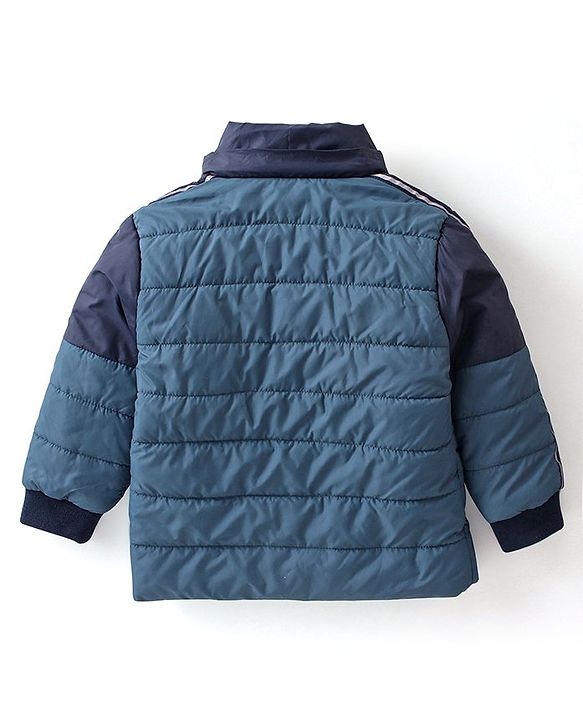 Babyhug Woven Full Sleeves Jacket With Detachable Hood & Text Print - Blue & White