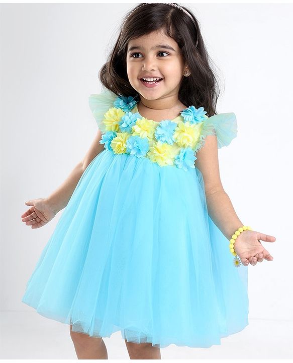 Babyhug Flutter Sleeves with Floral Applique in Yoke Party Frock - Light Blue