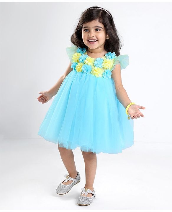 Babyhug Flutter Sleeves with Floral Applique in Yoke Party Frock - Light Blue