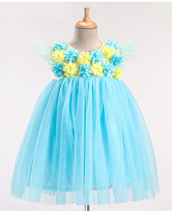 Babyhug Flutter Sleeves with Floral Applique in Yoke Party Frock - Light Blue