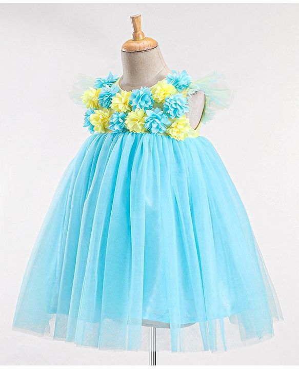 Babyhug Flutter Sleeves with Floral Applique in Yoke Party Frock - Light Blue