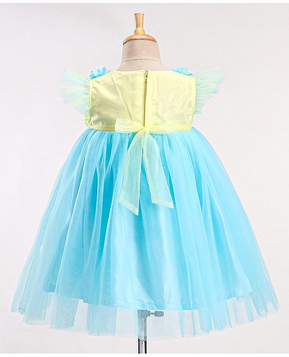 Babyhug Flutter Sleeves with Floral Applique in Yoke Party Frock - Light Blue