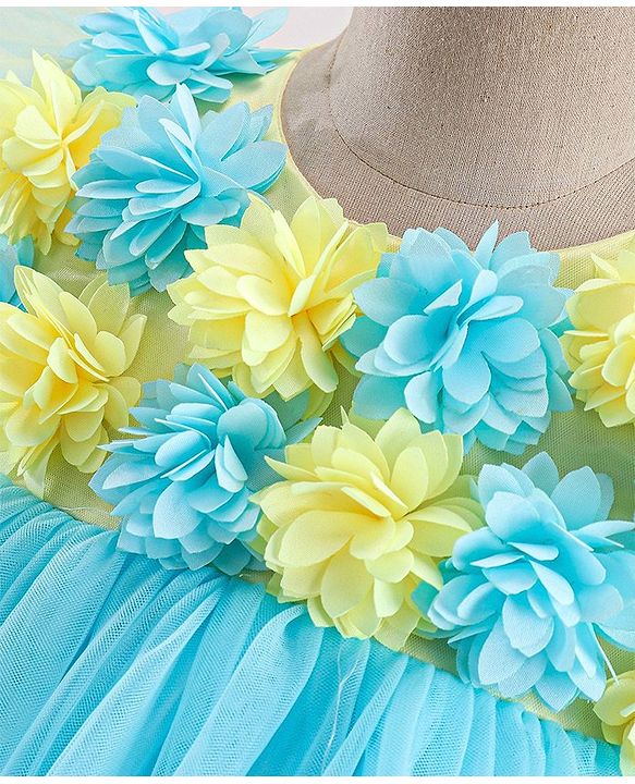 Babyhug Flutter Sleeves with Floral Applique in Yoke Party Frock - Light Blue