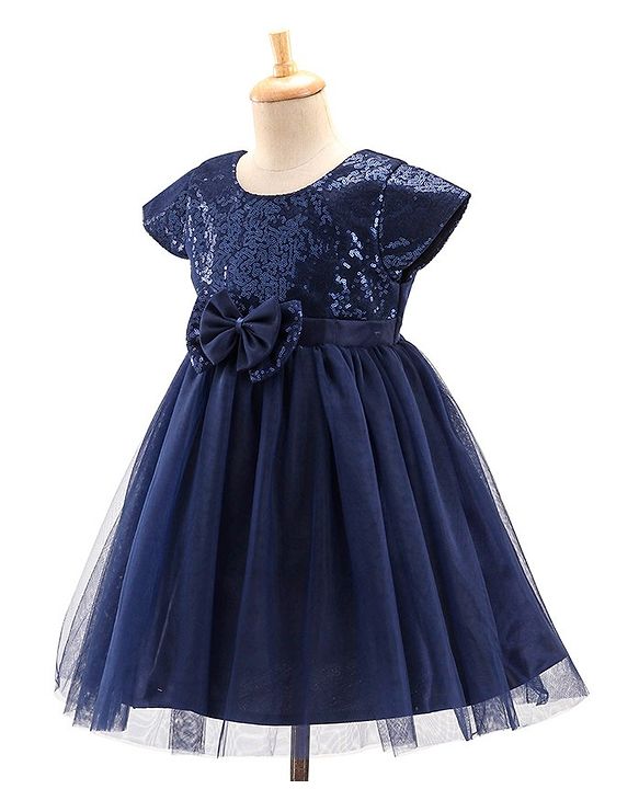 Babyhug Cap Sleeves Sequinned Yoke Party Frock with Bow Applique -Navy Blue