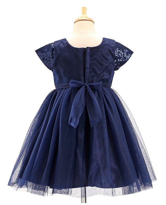 Babyhug Cap Sleeves Sequinned Yoke Party Frock with Bow Applique -Navy Blue