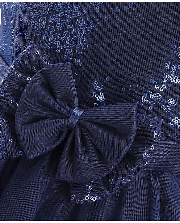 Babyhug Cap Sleeves Sequinned Yoke Party Frock with Bow Applique -Navy Blue