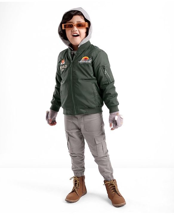 Babyhug Full Sleeves Woven Jacket with Detachable Hood - Olive