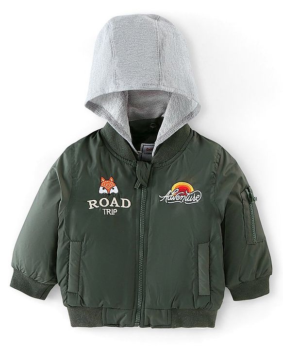 Babyhug Full Sleeves Woven Jacket with Detachable Hood - Olive