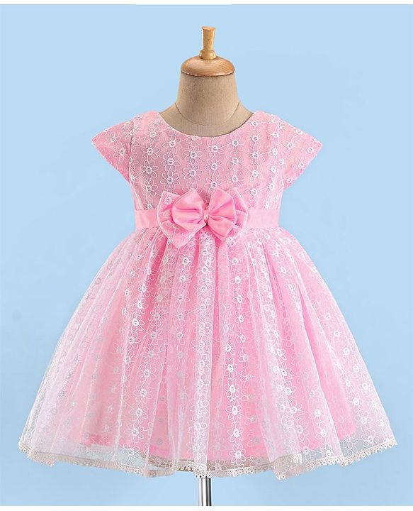 Babyhug Woven Half Sleeves Party Frock With Floral Embroidery & Bow Applique - Pink
