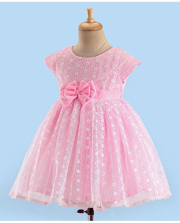 Babyhug Woven Half Sleeves Party Frock With Floral Embroidery & Bow Applique - Pink