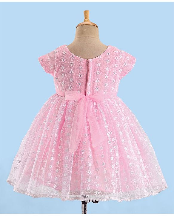 Babyhug Woven Half Sleeves Party Frock With Floral Embroidery & Bow Applique - Pink