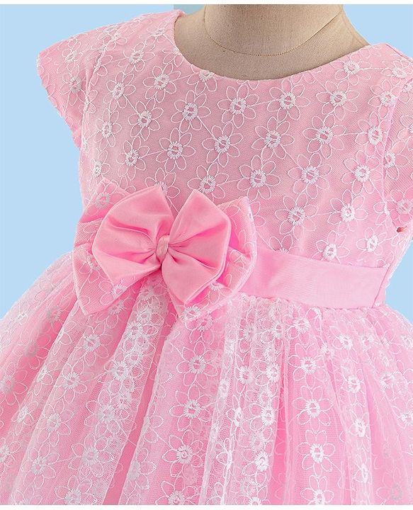 Babyhug Woven Half Sleeves Party Frock With Floral Embroidery & Bow Applique - Pink