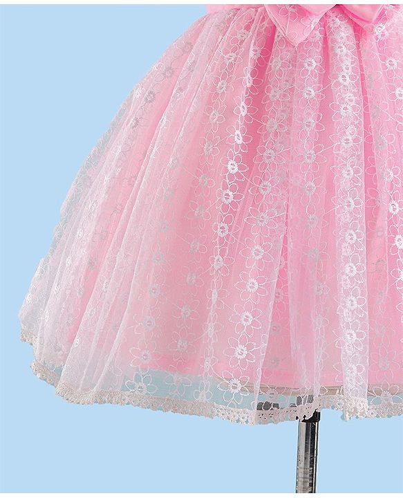 Babyhug Woven Half Sleeves Party Frock With Floral Embroidery & Bow Applique - Pink