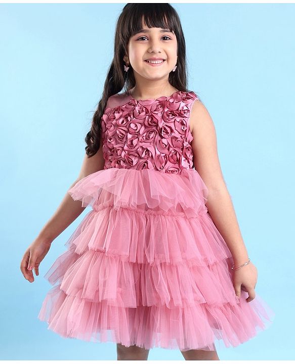 Babyhug Sleeveless Layered Party Frock with Floral Corsage - Pink