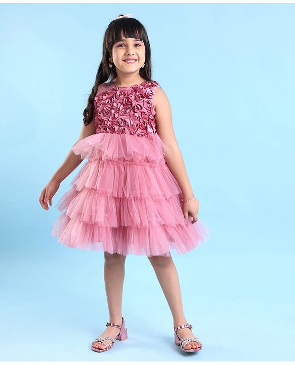 Babyhug Sleeveless Layered Party Frock with Floral Corsage - Pink