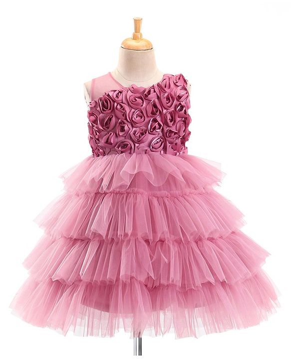 Babyhug Sleeveless Layered Party Frock with Floral Corsage - Pink