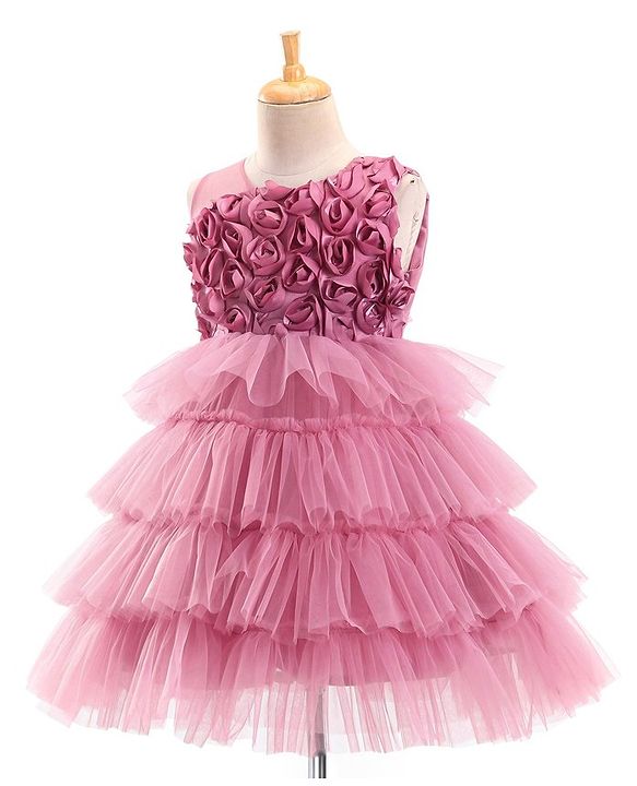 Babyhug Sleeveless Layered Party Frock with Floral Corsage - Pink